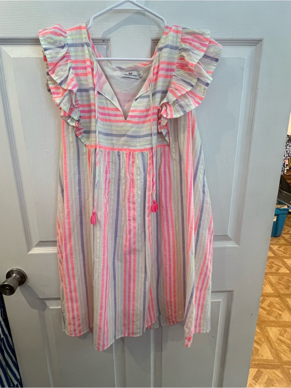 Vineyard Vines Pink & Pastel Striped Ruffle-Shoulder Dress